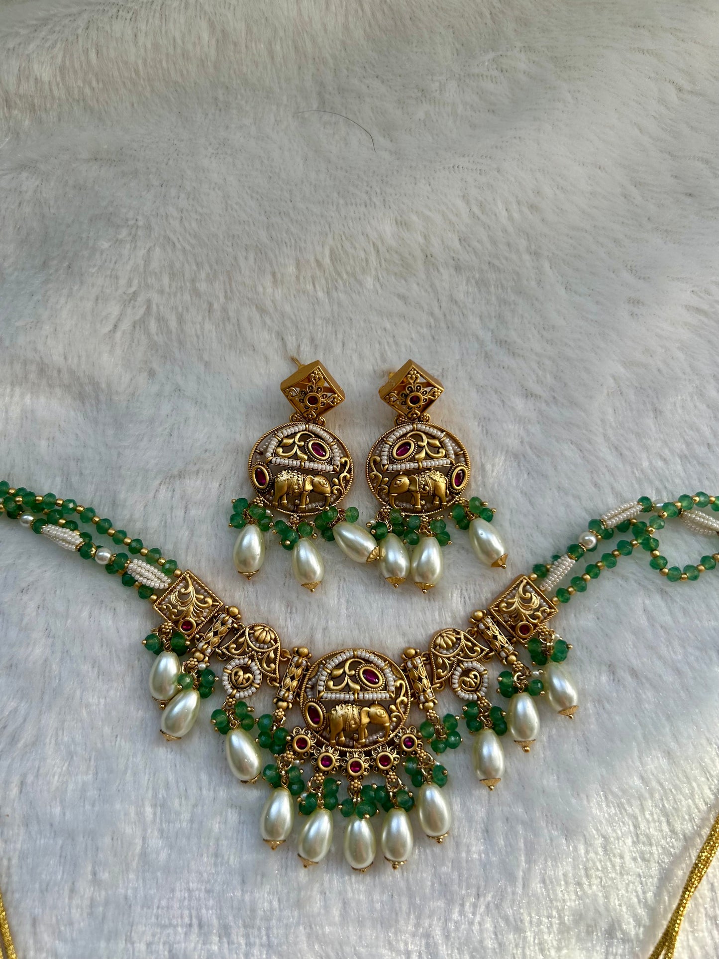 Rajwadi Work Green & Red Necklace Set