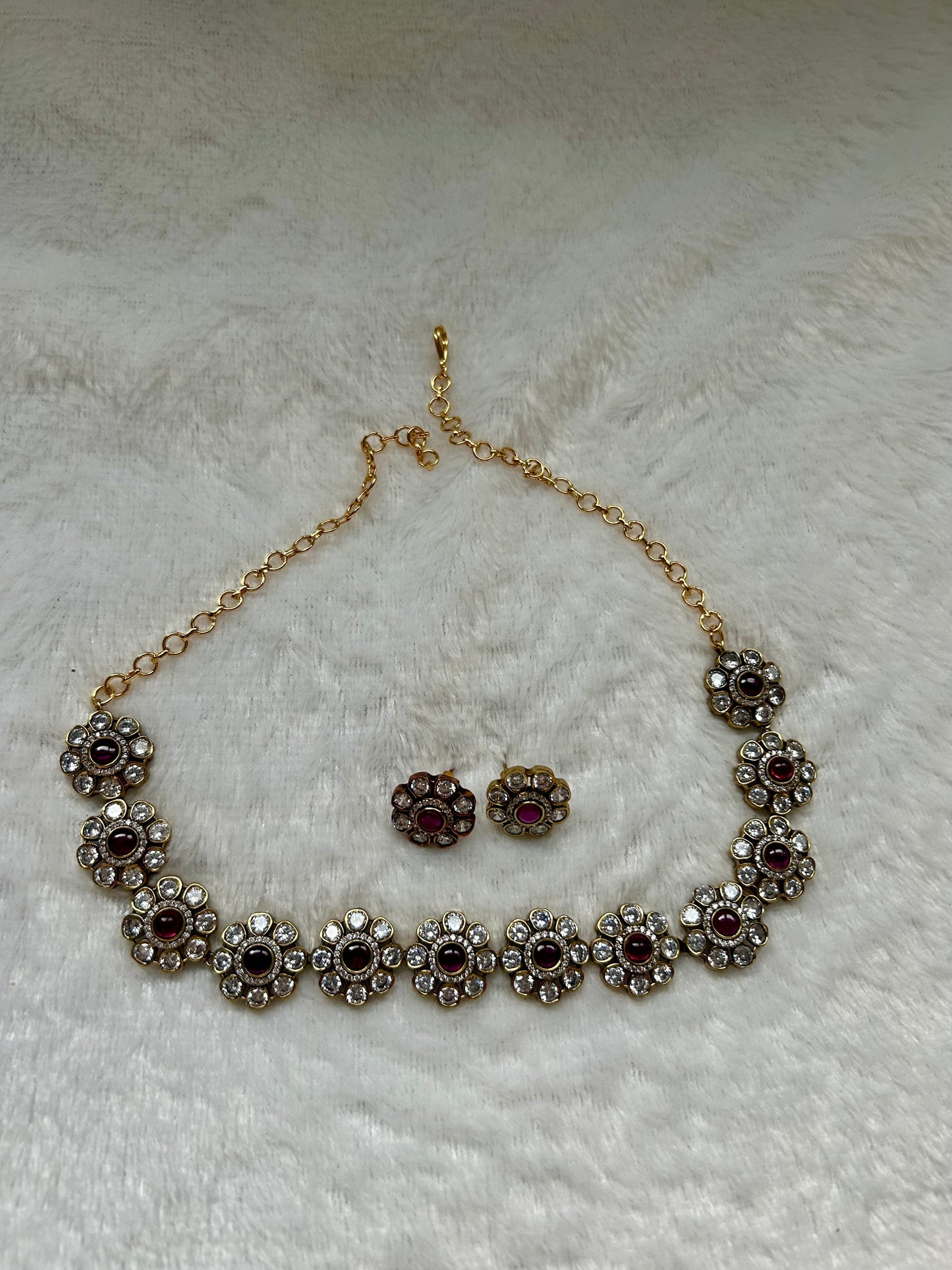 South Indian Inspired Floral Motif Ruby Choker Set