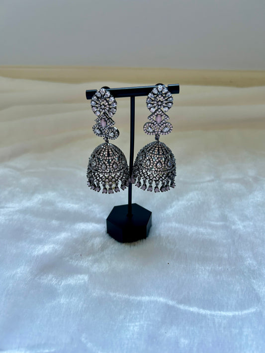 AD Oxidized Pink Jhumka Earrings