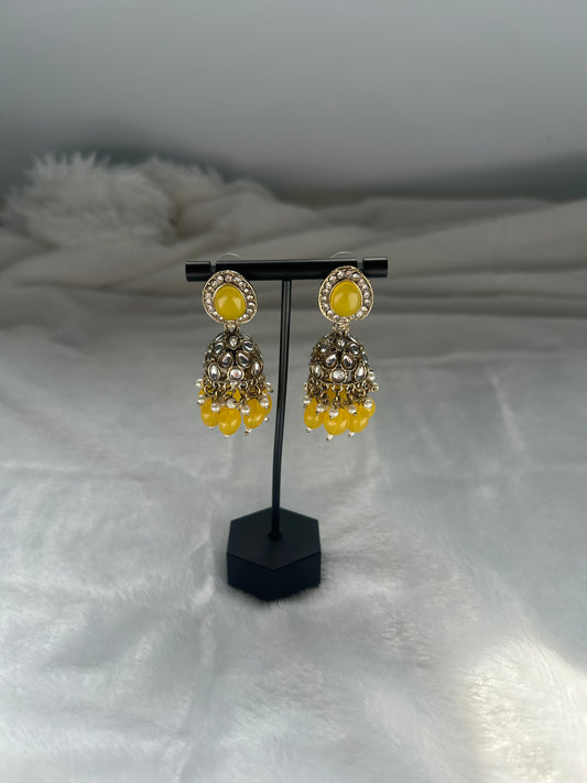 Yellow Kundan Jhumki Earrings