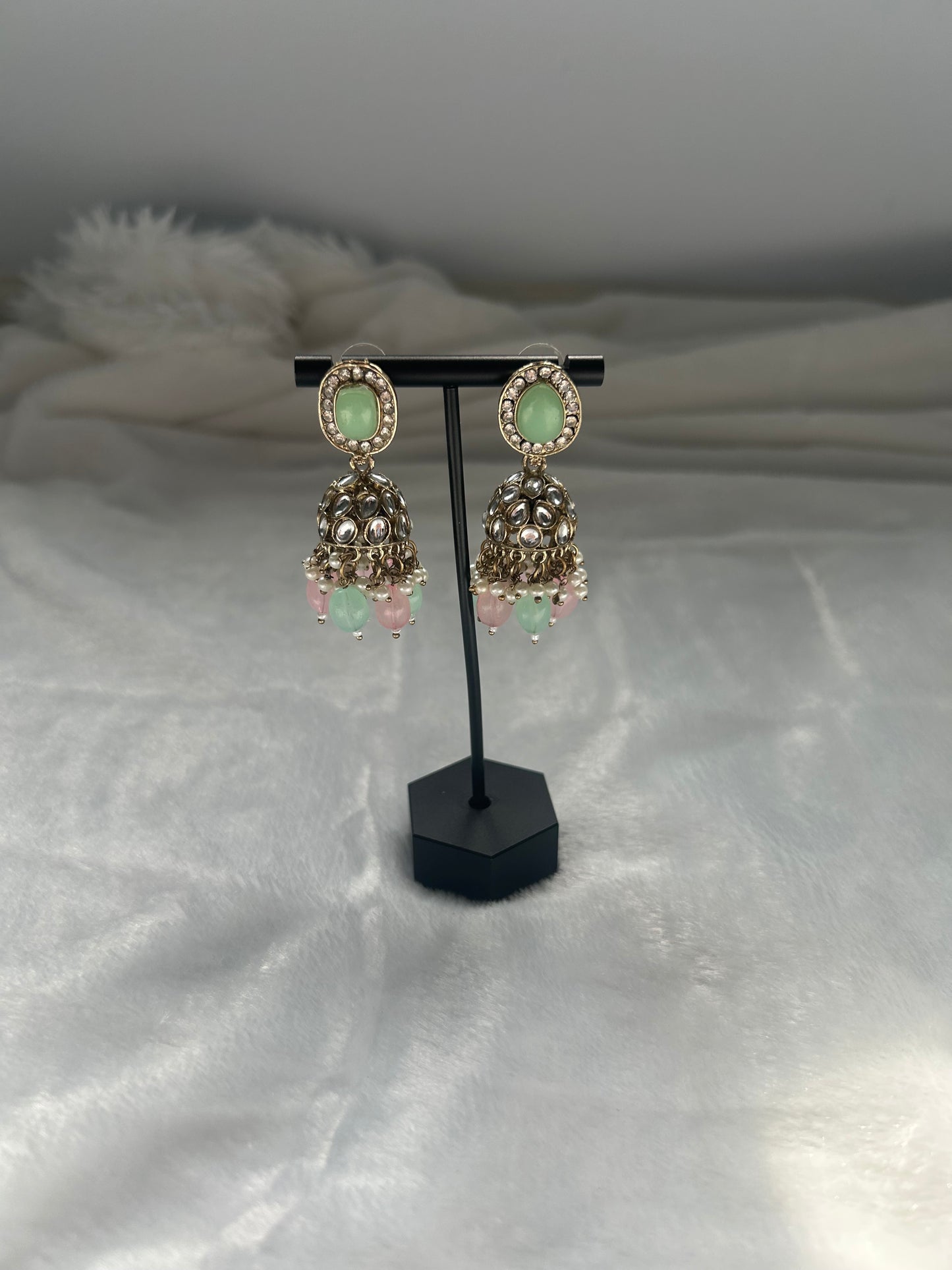 Mint & Pink Kundan Jhumki Earrings