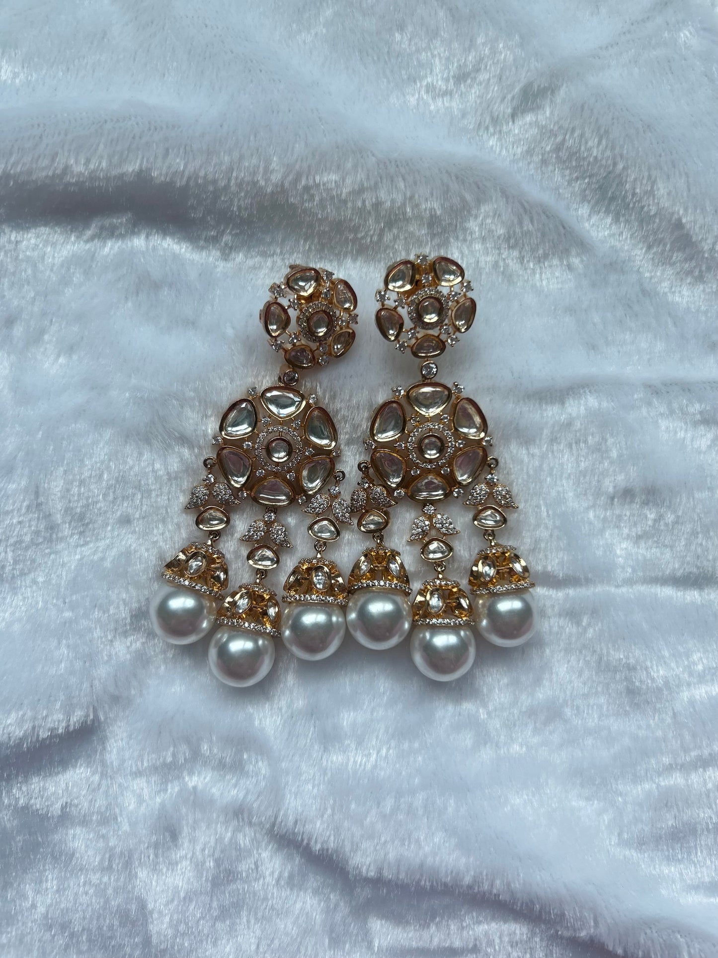 AD & Uncut Kundan 3 Pearl Drop Earrings