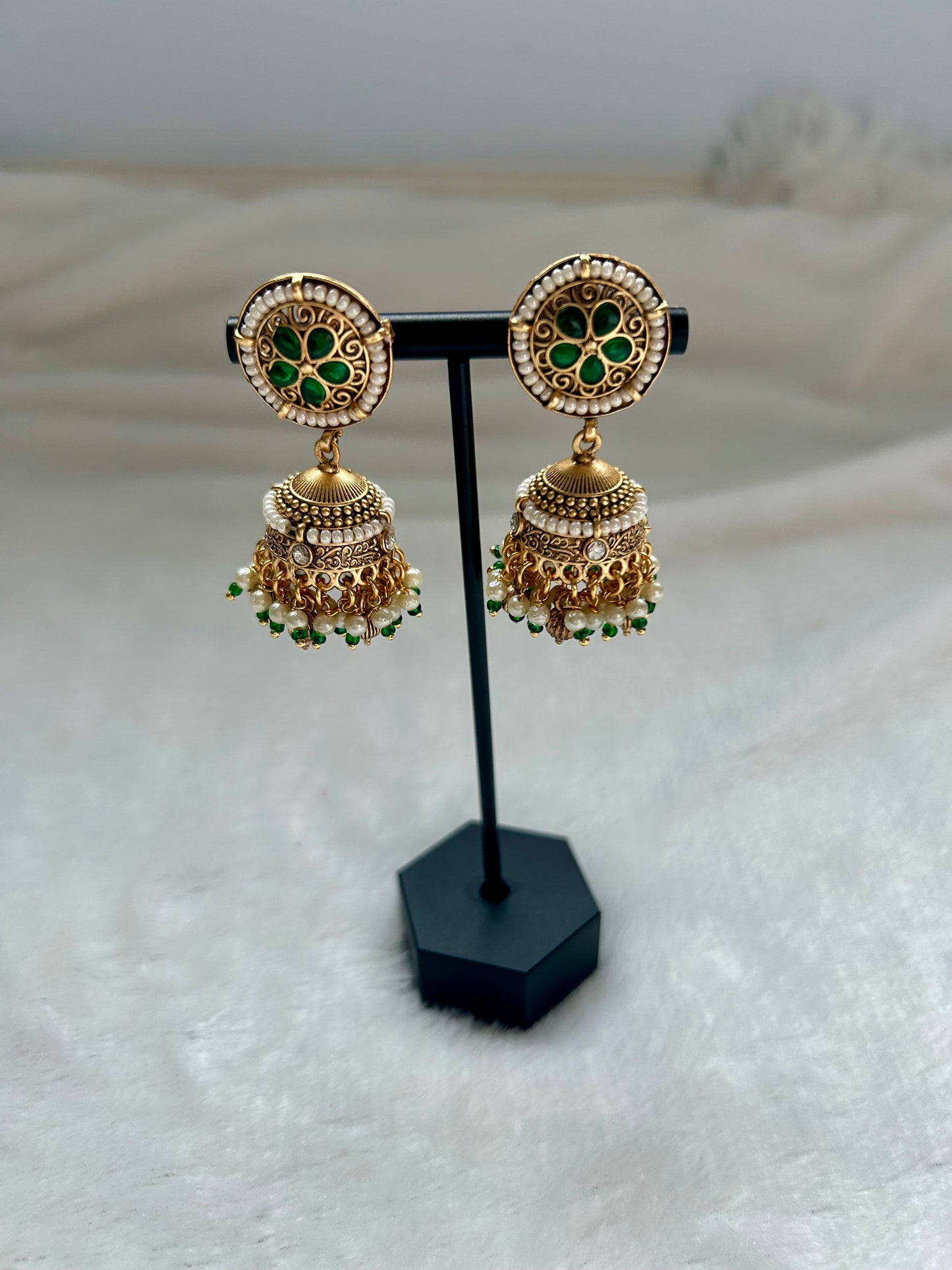 Gold Crafted Emerald Green Jhumkis