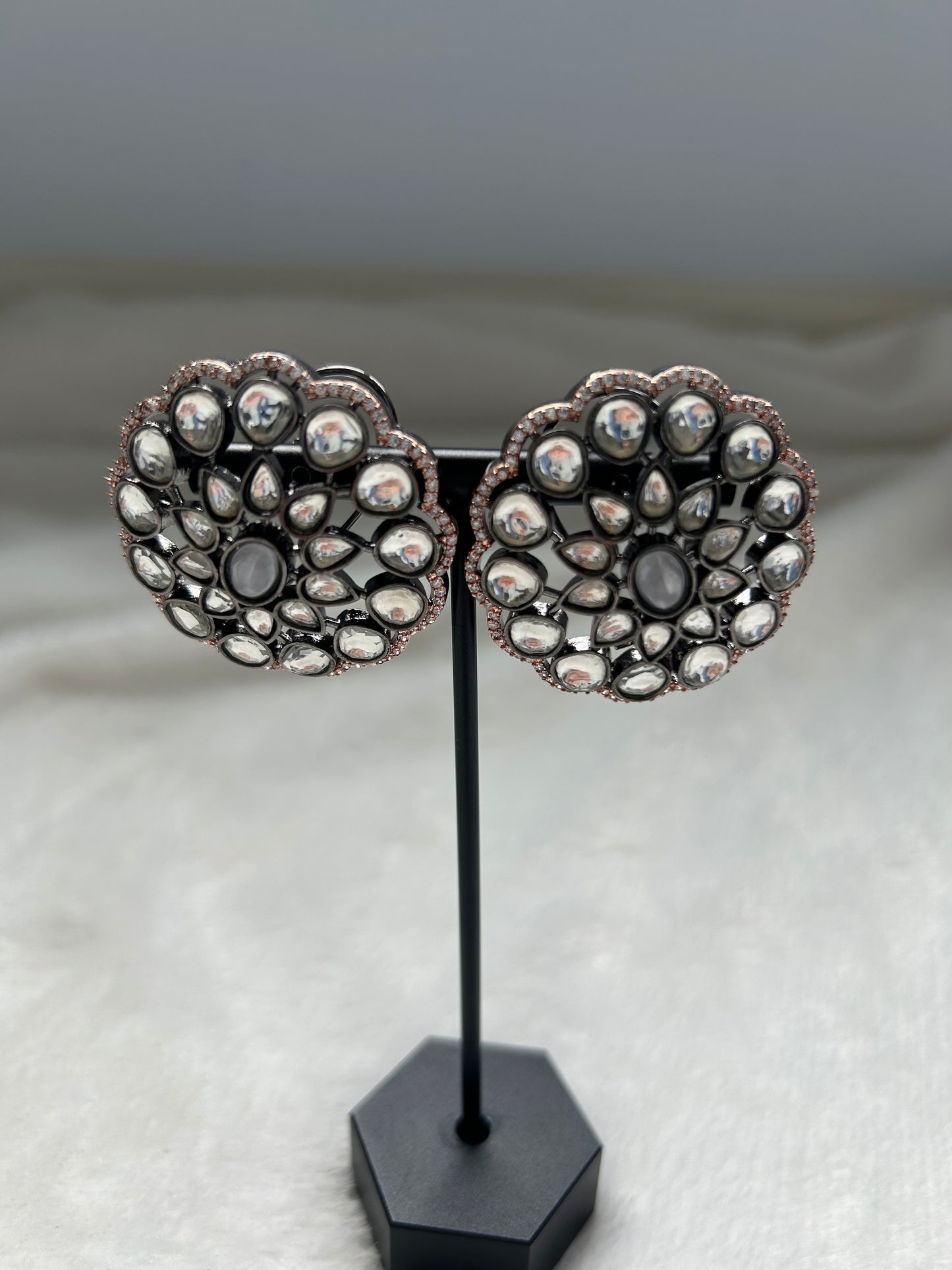 Oxidized Grey Uncut Kundan Studs
