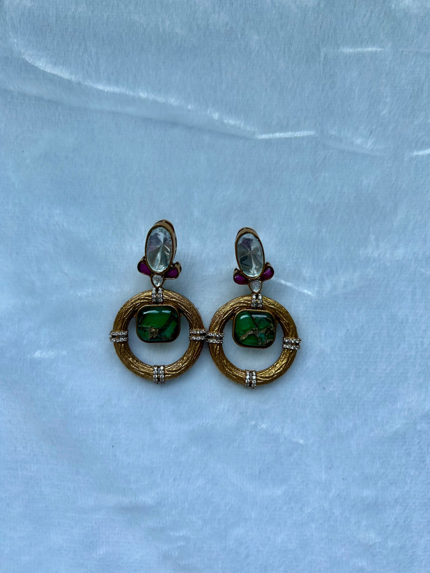 Emerald Green/Teal Marble Uncut Kundan Earrings