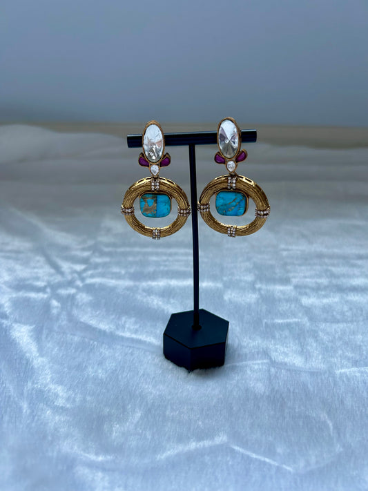 Ferozi Blue Marble Uncut Kundan Earrings