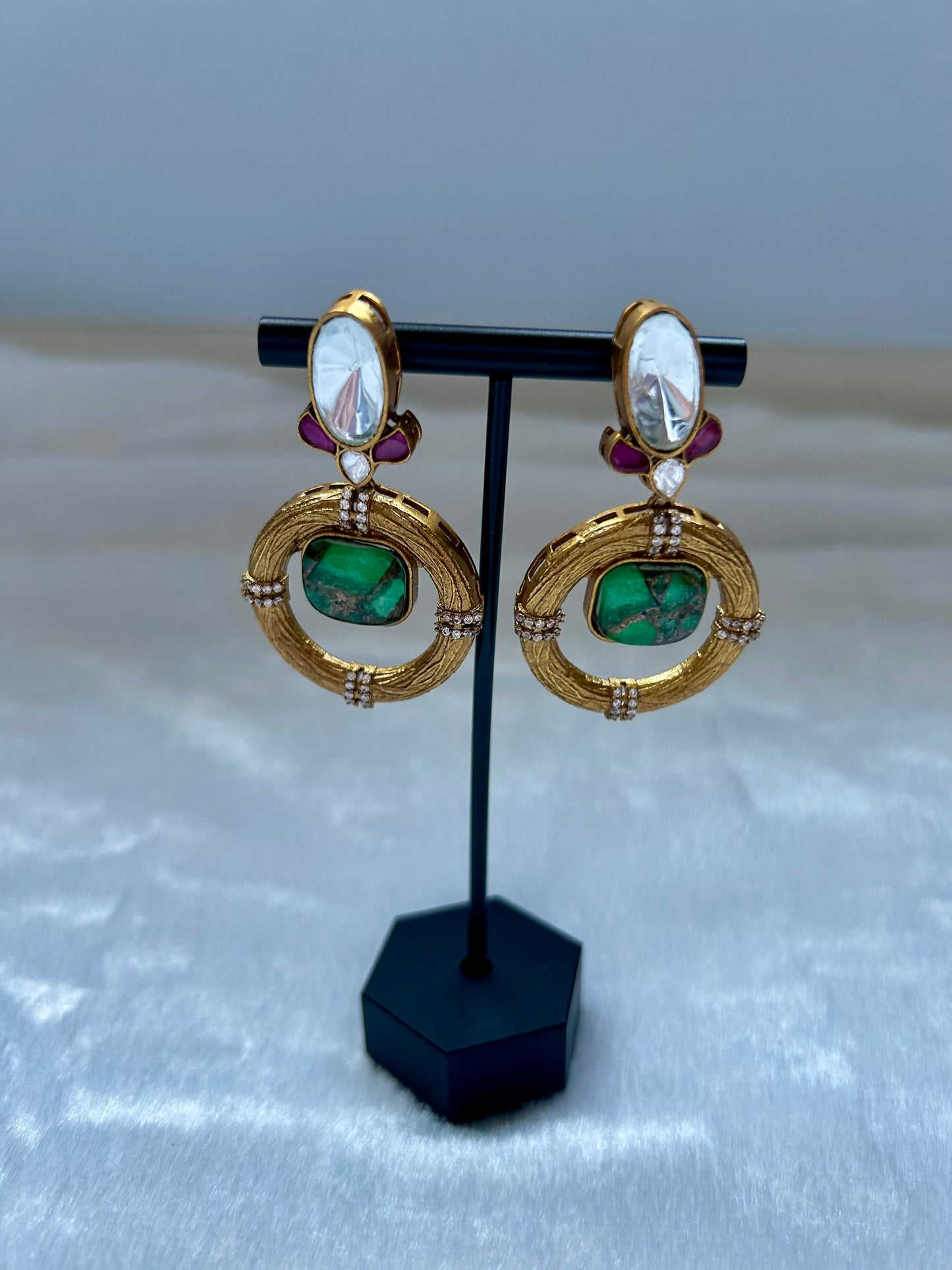 Emerald Green/Teal Marble Uncut Kundan Earrings