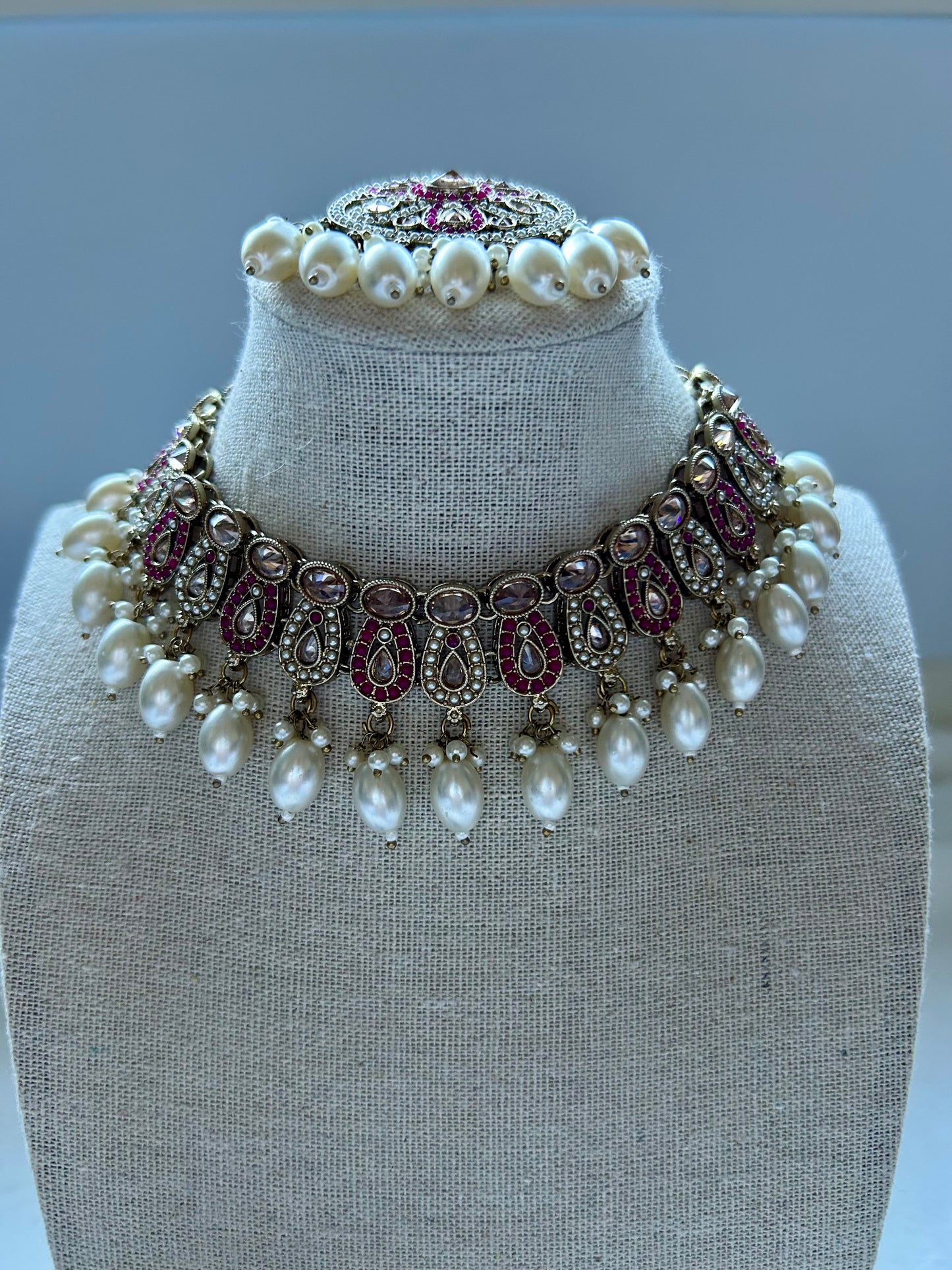 Pakistani Inspired Maroon & White Choker Set