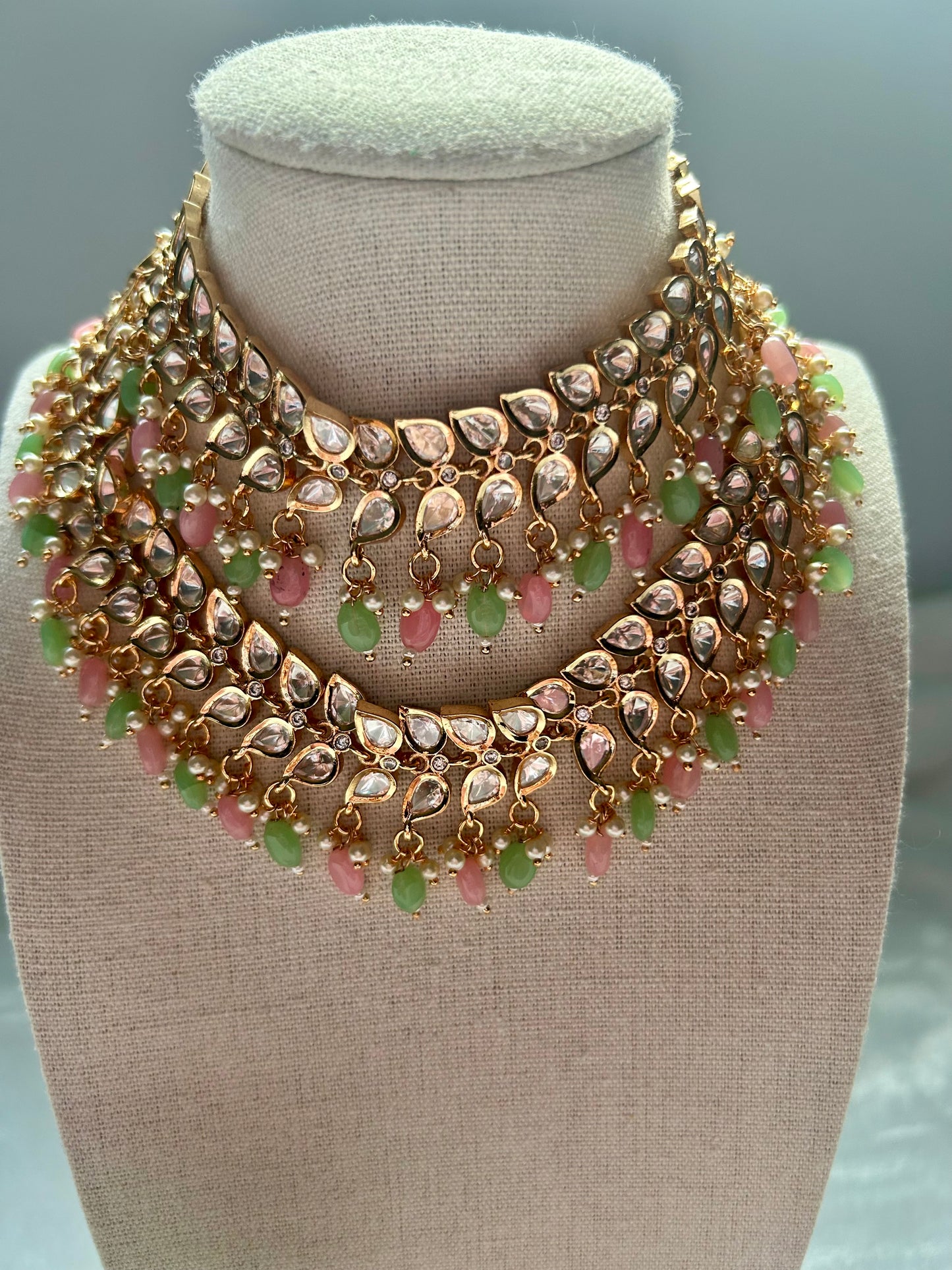 Pink & Mint Tyaani Kundan Double Layer Necklace Set