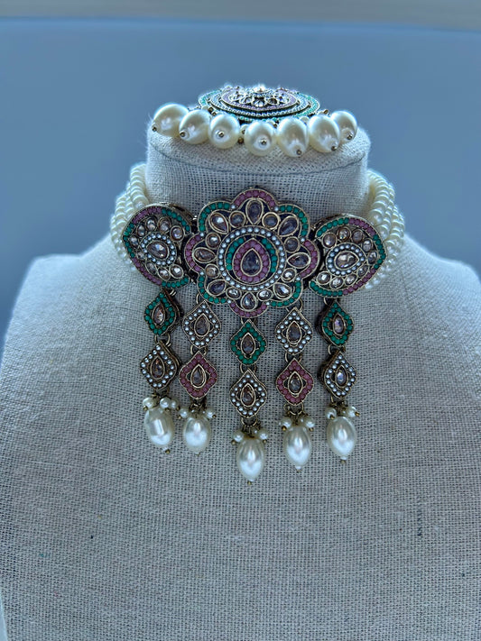 Pakistani Inspired Pink & Mint Choker Set