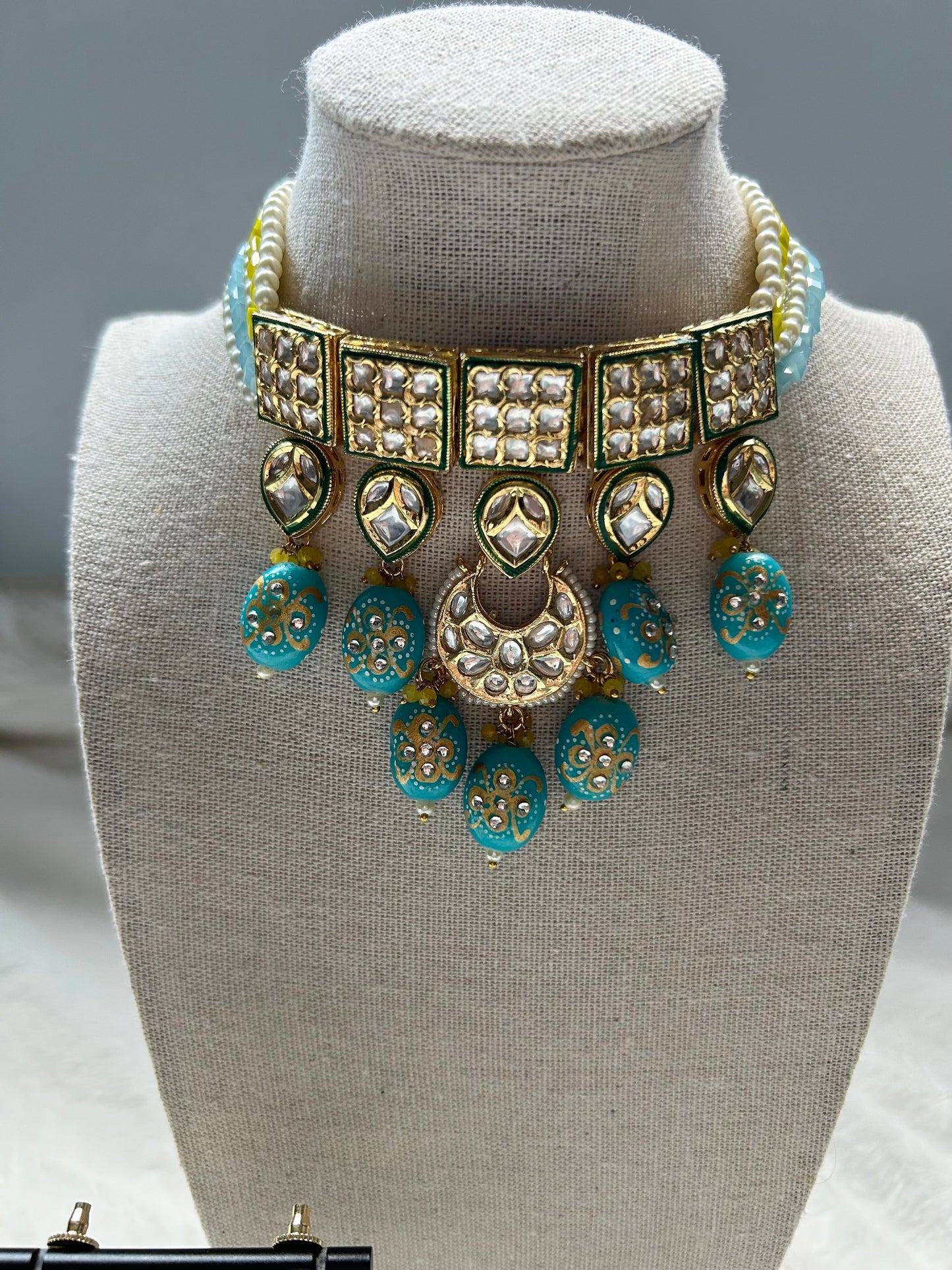 Blue and Yellow Kundan Choker Set