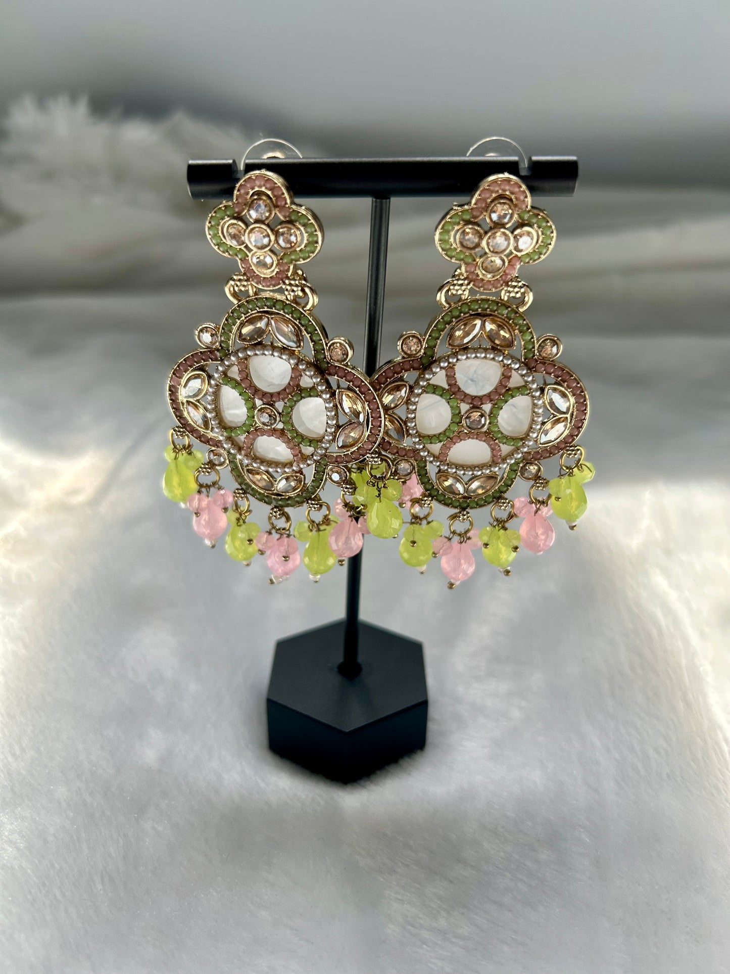 Light Pink & Green Polki Earrings