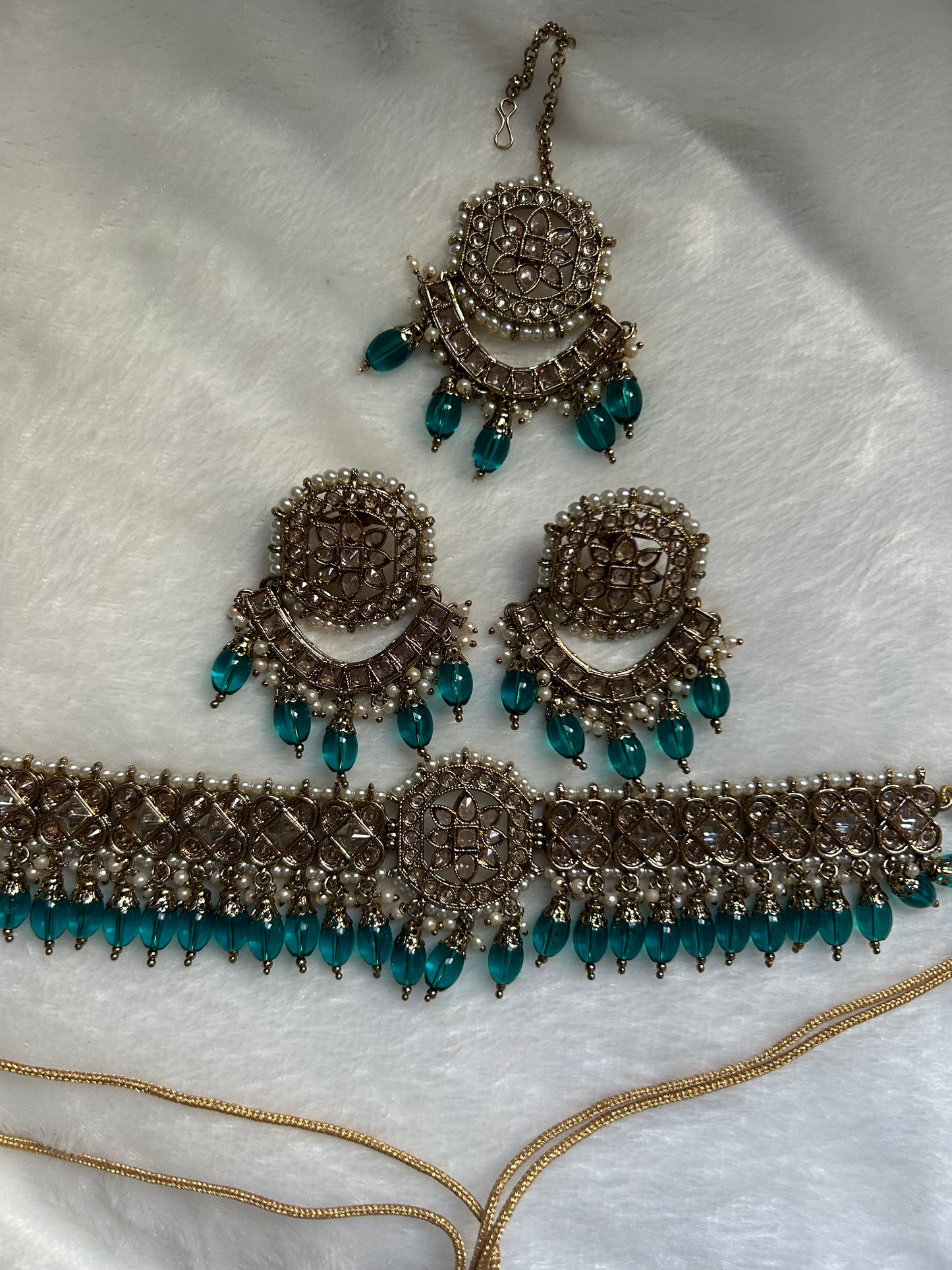 Teal Polki Choker Tikka Set