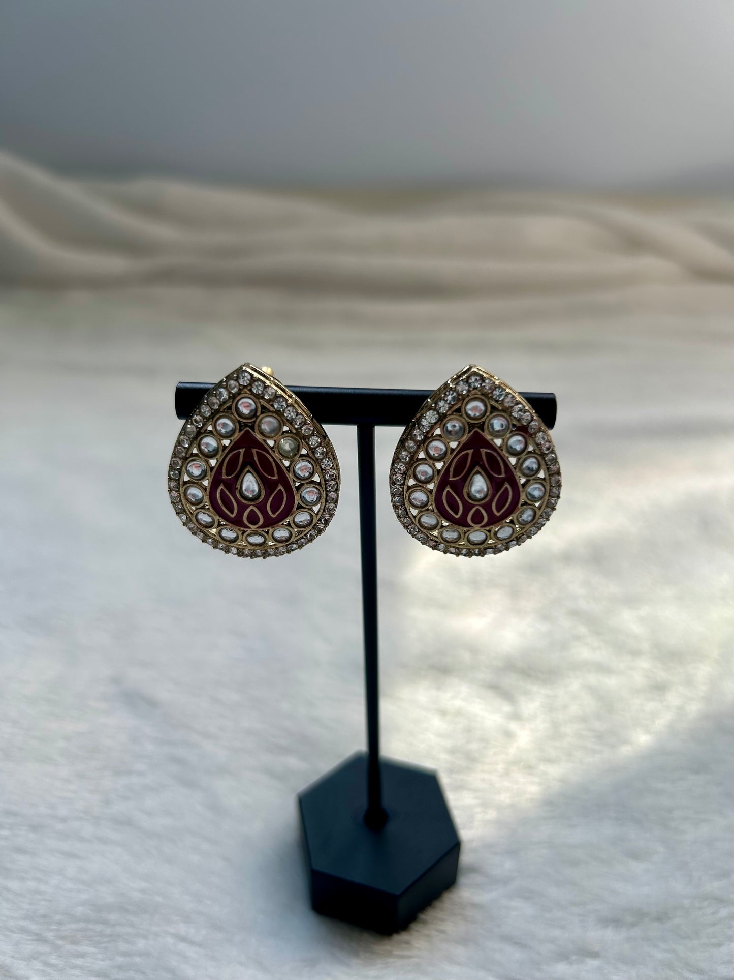 Red Meenakari Kundan Studs