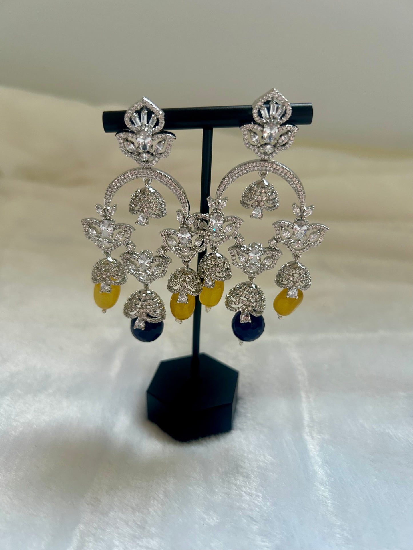 Yellow & Dark Blue Chandbali Earrings