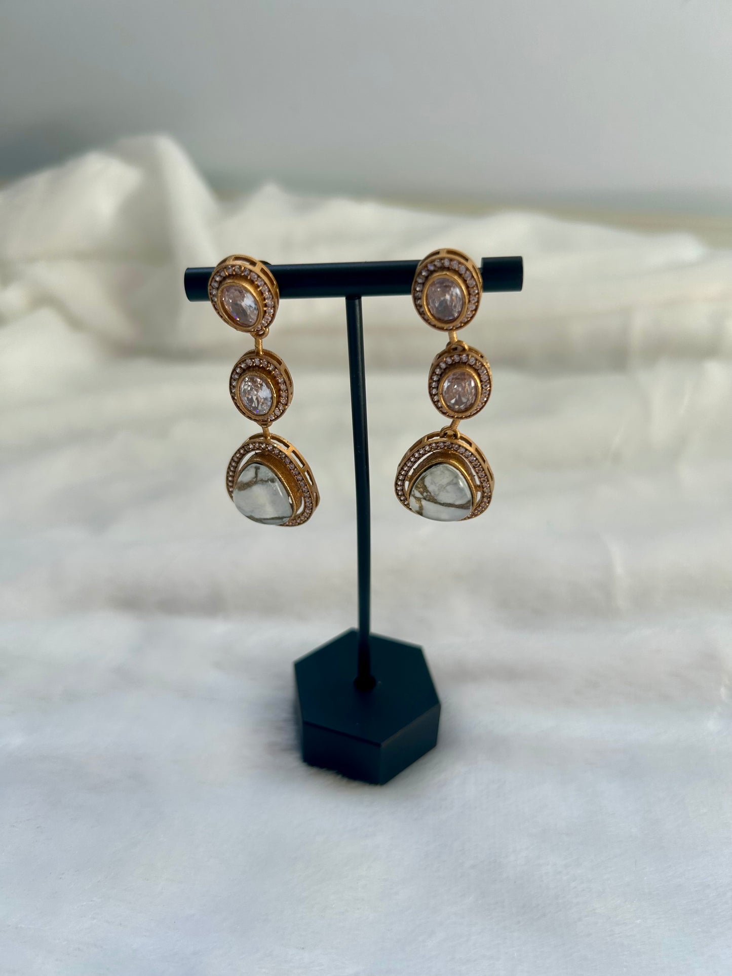 White Moissanite Kundan & Marble Earrings