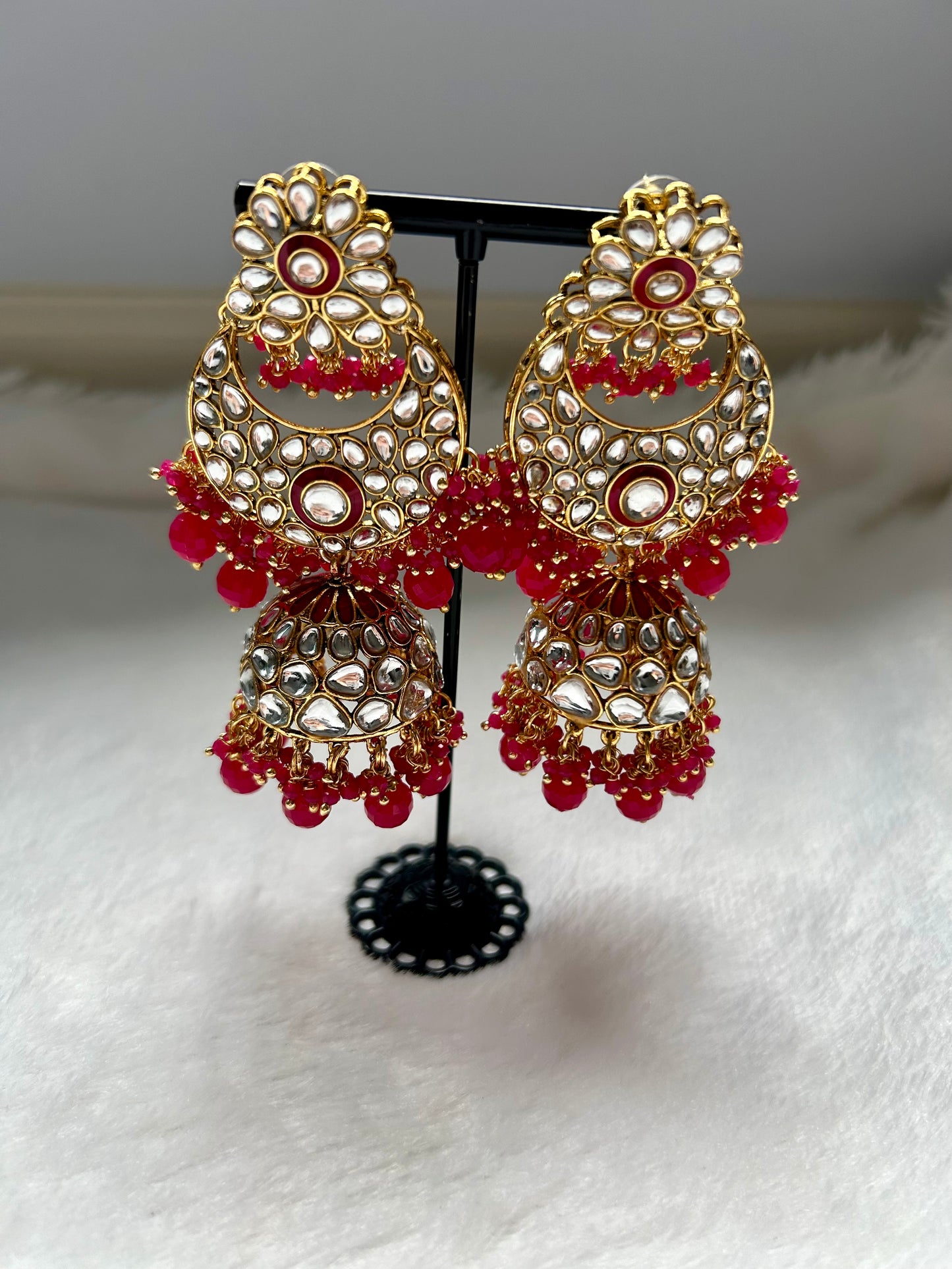 Hot Pink Kundan Jhumka Earrings