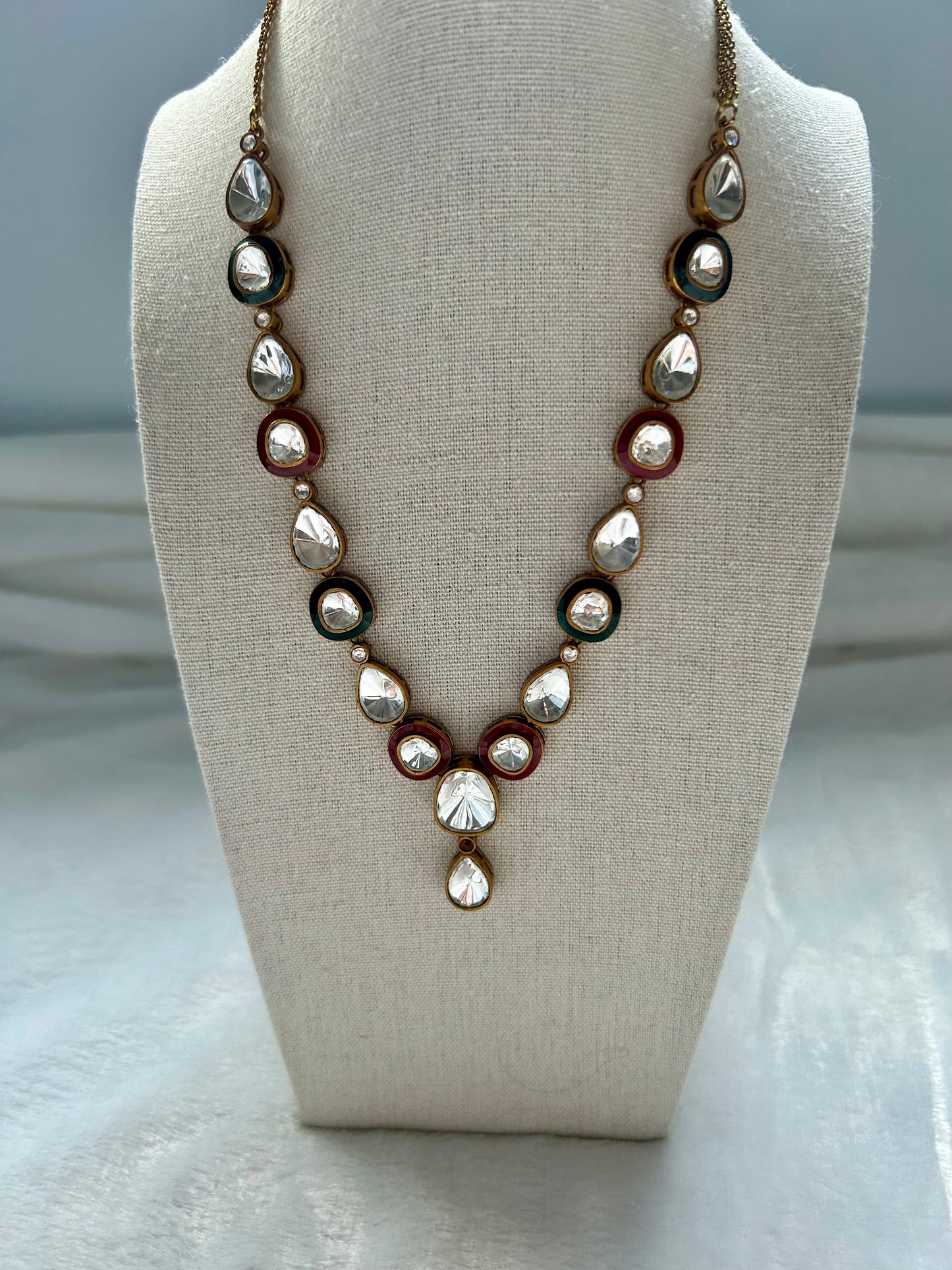 Green & Red Uncut Kundan Necklace Set