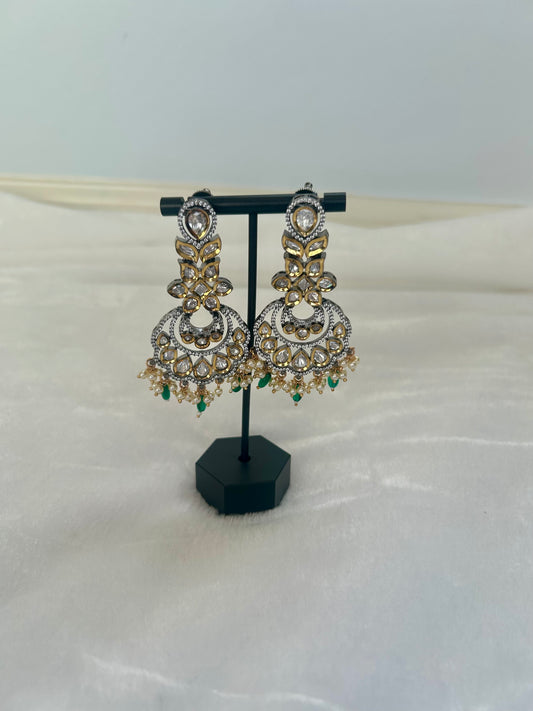 Emerald Green Oxidized Moissanite Kundan Earrings