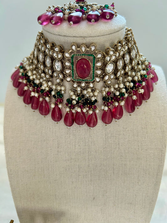 Dark Red/Pink Kundan Choker Tikka Set