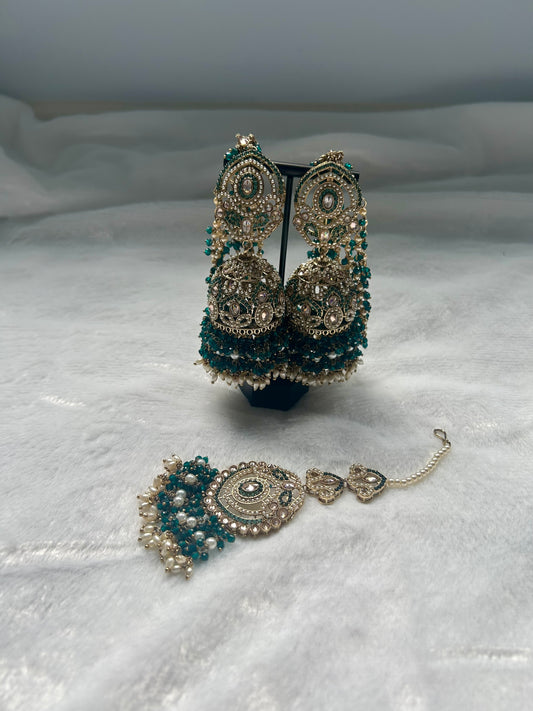 Teal Polki Sahara Jhumki Tikka Set