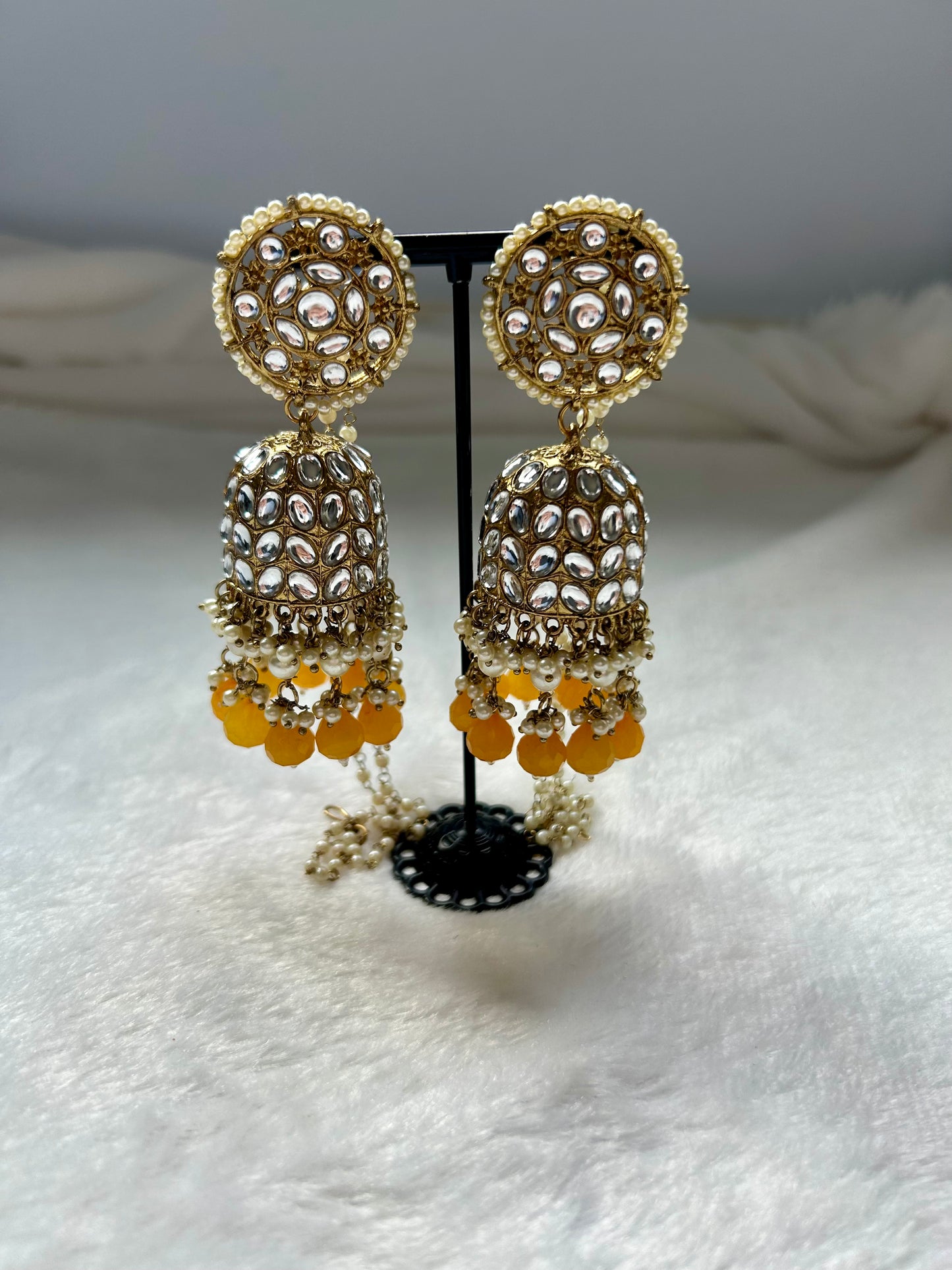 Yellow Kundan Jhumka Sahara Earrings