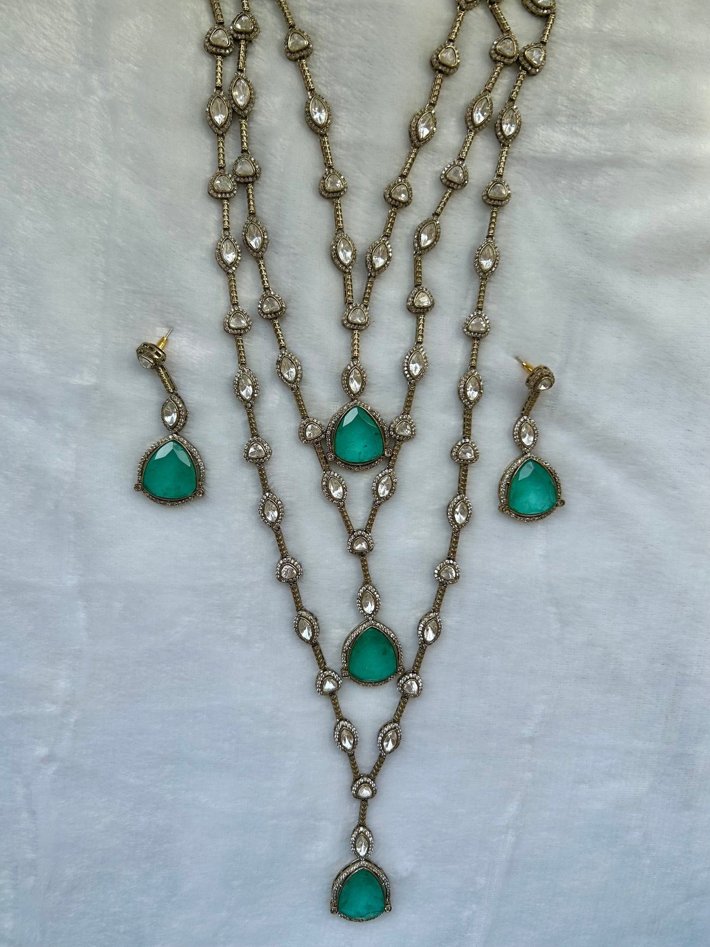 3 Layered Sea Green Doublet & Moissanite Necklace Set