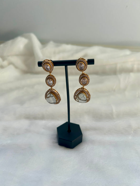 White Moissanite Kundan & Marble Earrings