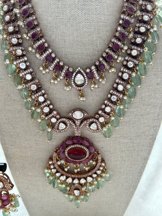Pink & Mint Double Layered Mossiante Kundan Necklace Set