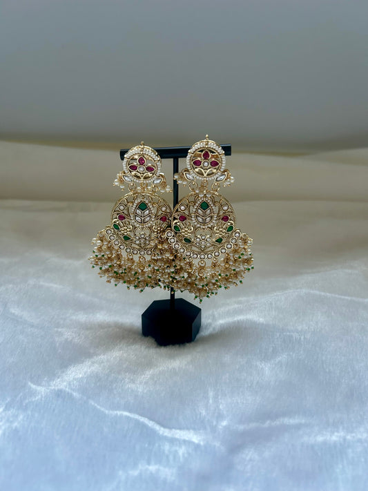 Oversized Emerald Green & Red Kundan Earrings