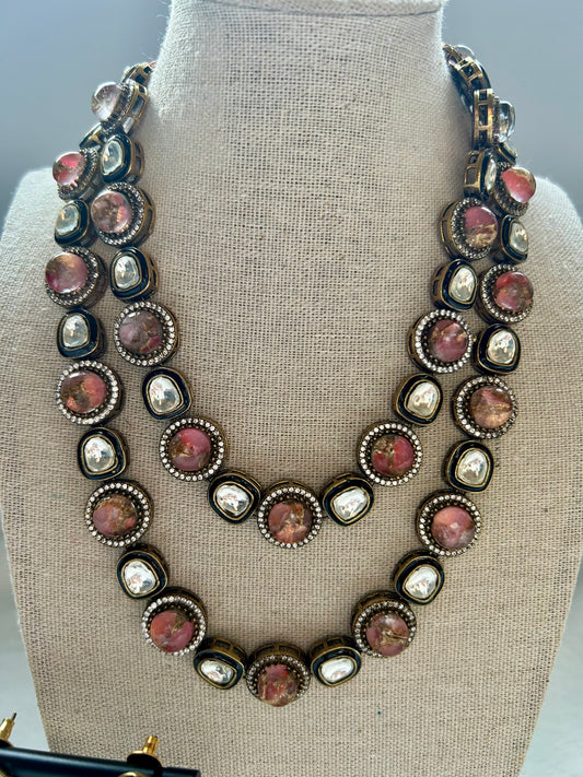 Pink Orange Marble Kundan Layered Set