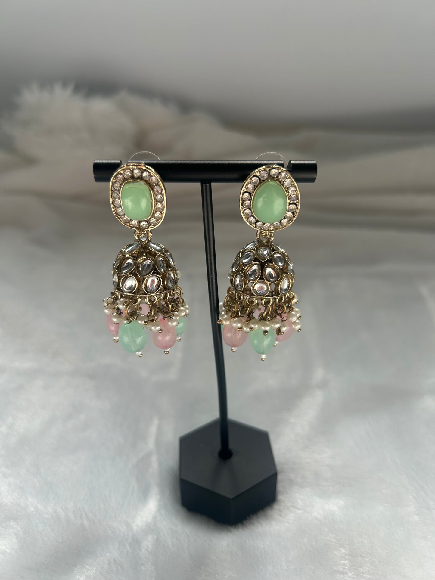 Mint & Pink Kundan Jhumki Earrings