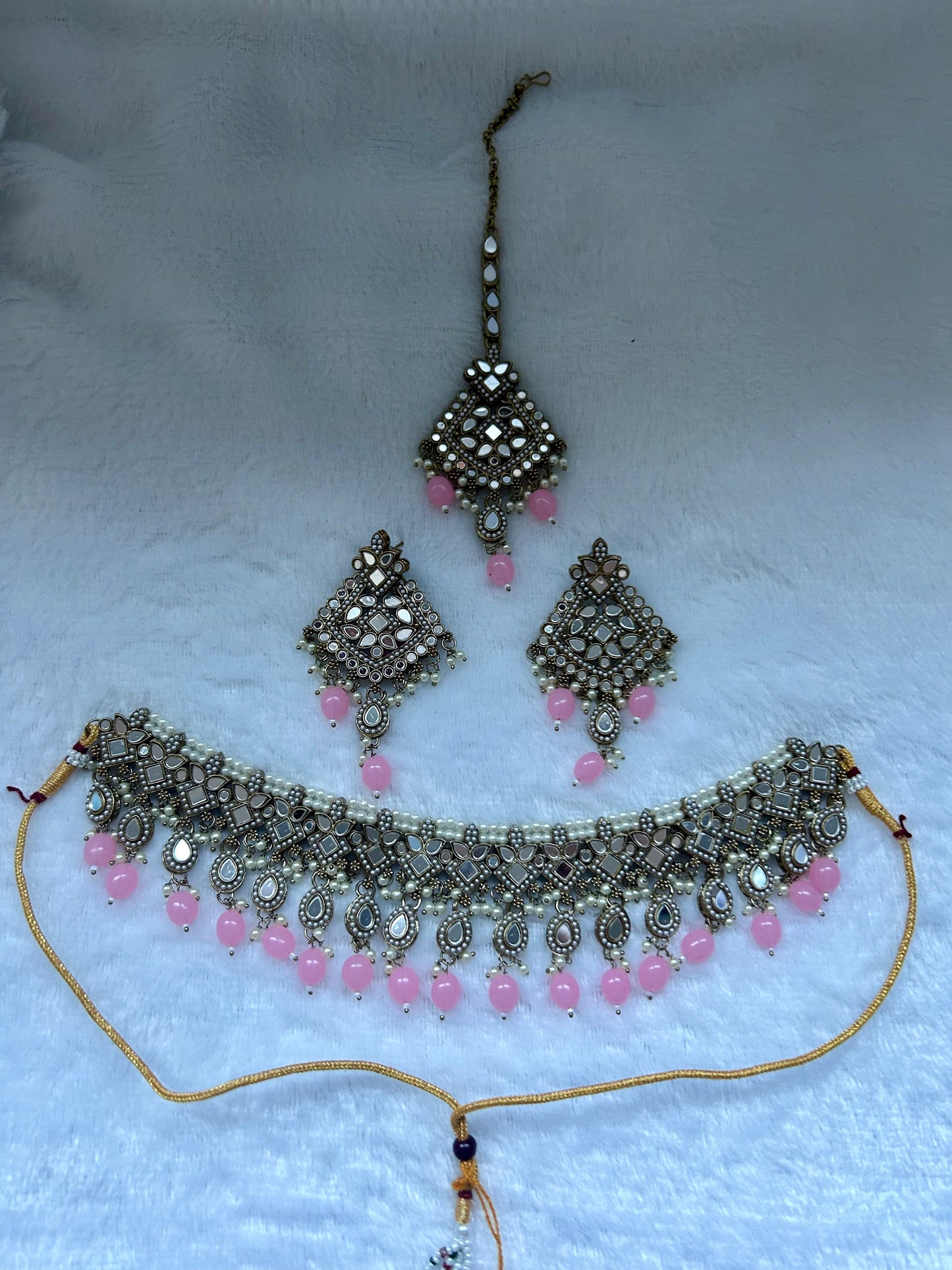 Pink Mirror Choker Tikka Set