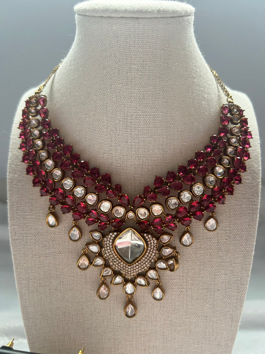 Ruby Moissanite Kundan Necklace Set