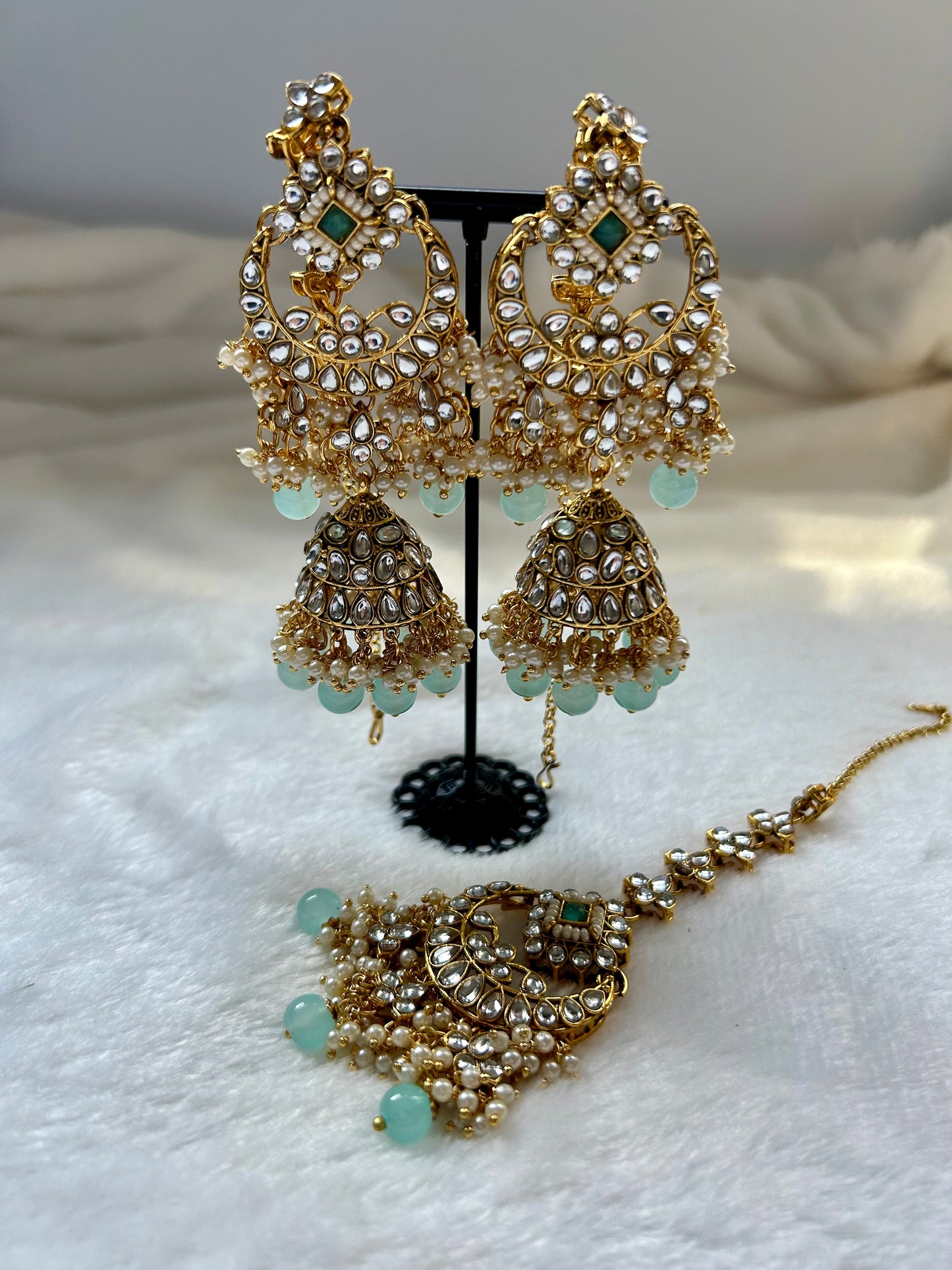 Mint Blue Kundan Tikka Set