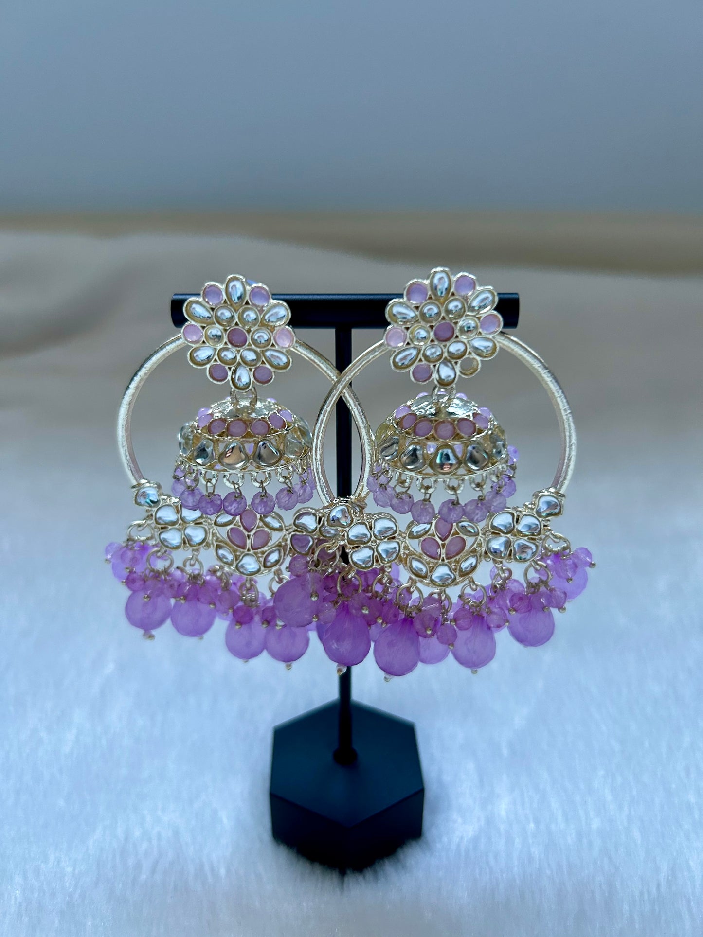 2 in 1 Light Purple Kundan Waliyaan Jhumka Earrings