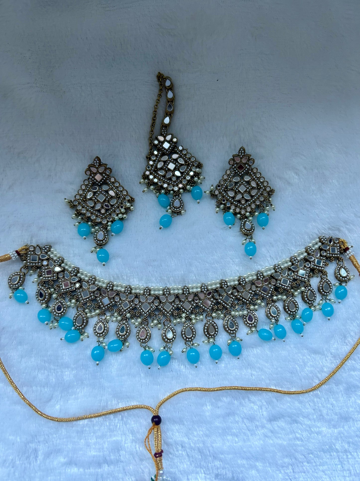 Baby Blue Mirror Choker Tikka Set