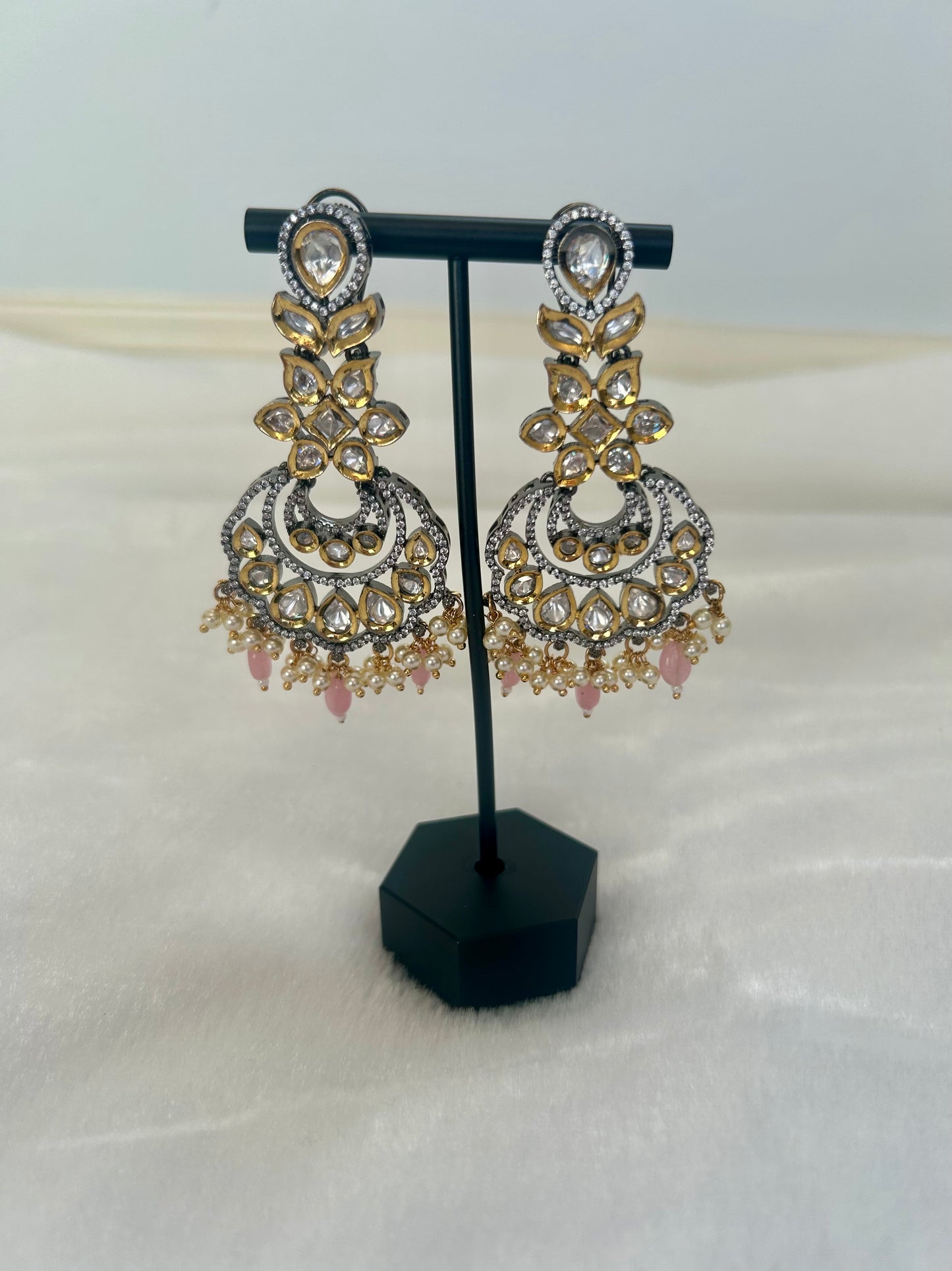 Light Pink Oxidized Moissanite Kundan Earrings