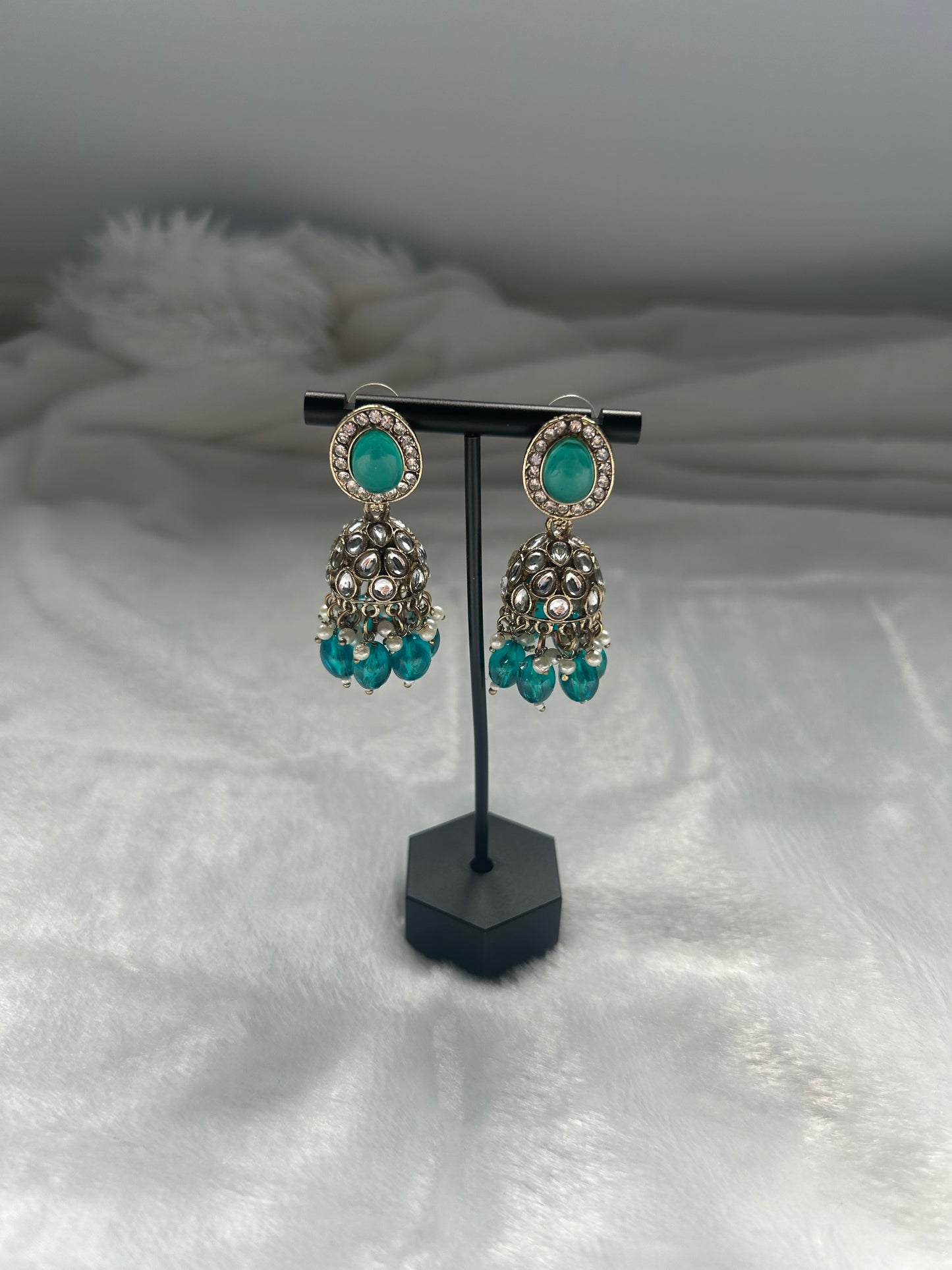 Teal Kundan Jhumki Earrings