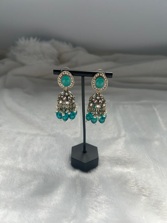Teal Kundan Jhumki Earrings