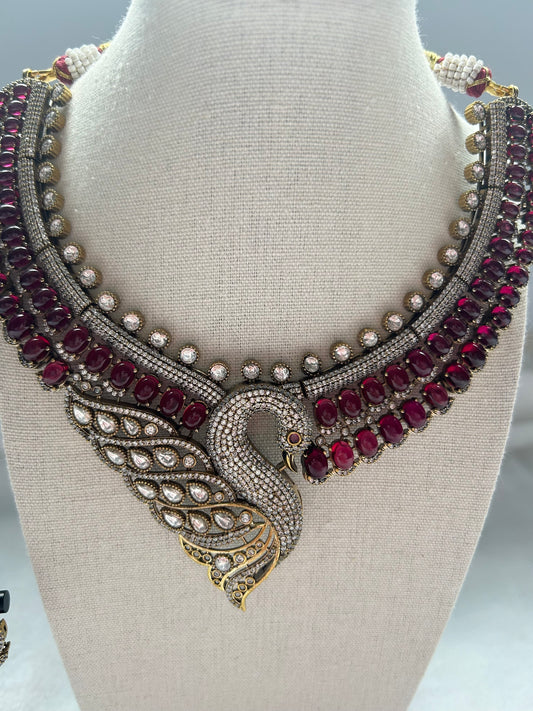 Ruby Moissanite Kundan Peacock Necklace Set