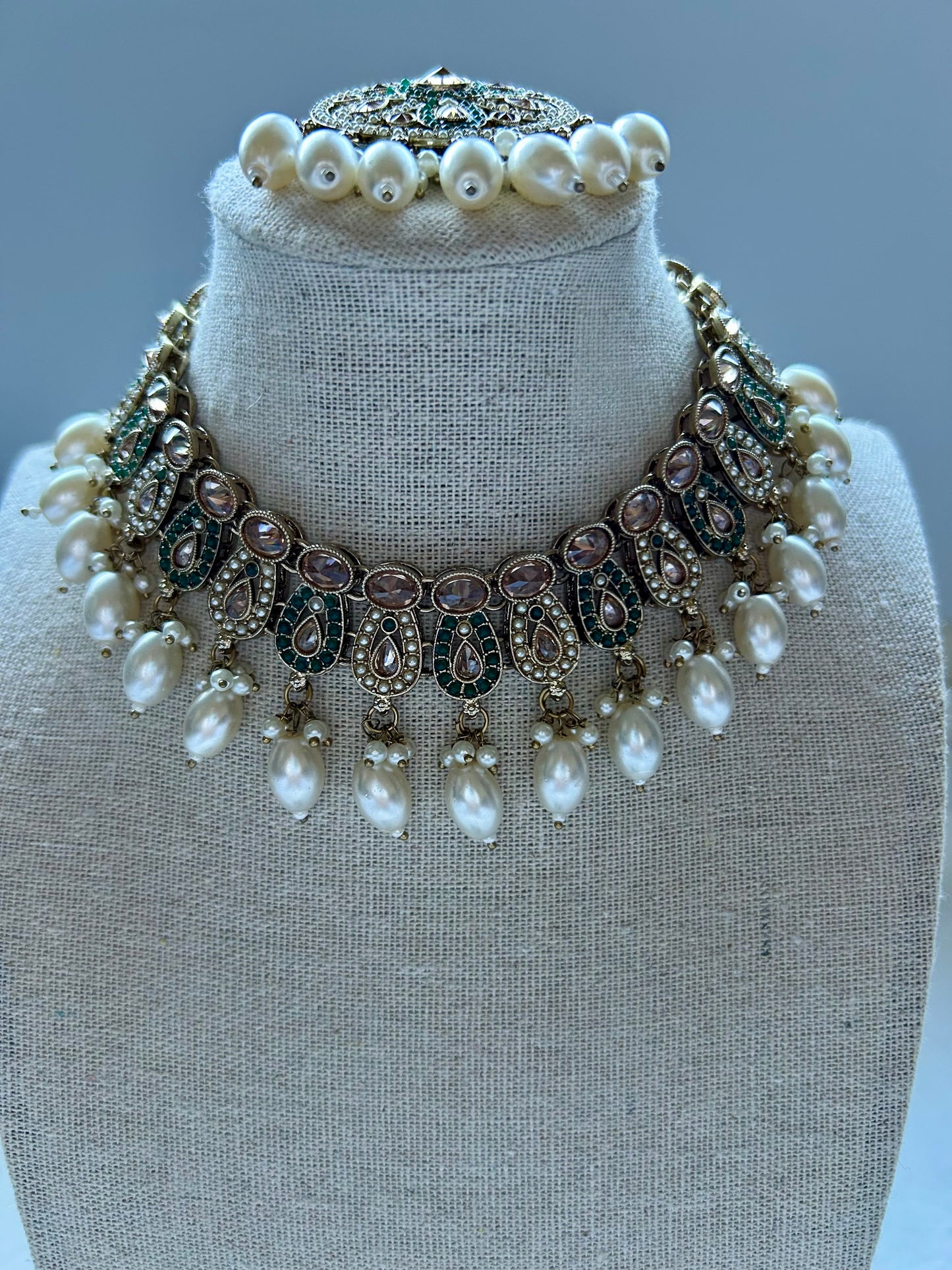 Pakistani Inspired Emerald Green & White Choker Set