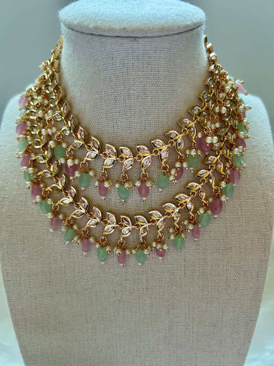 Mint & Pink Tyaani Kundan 2 Layer Necklace Set
