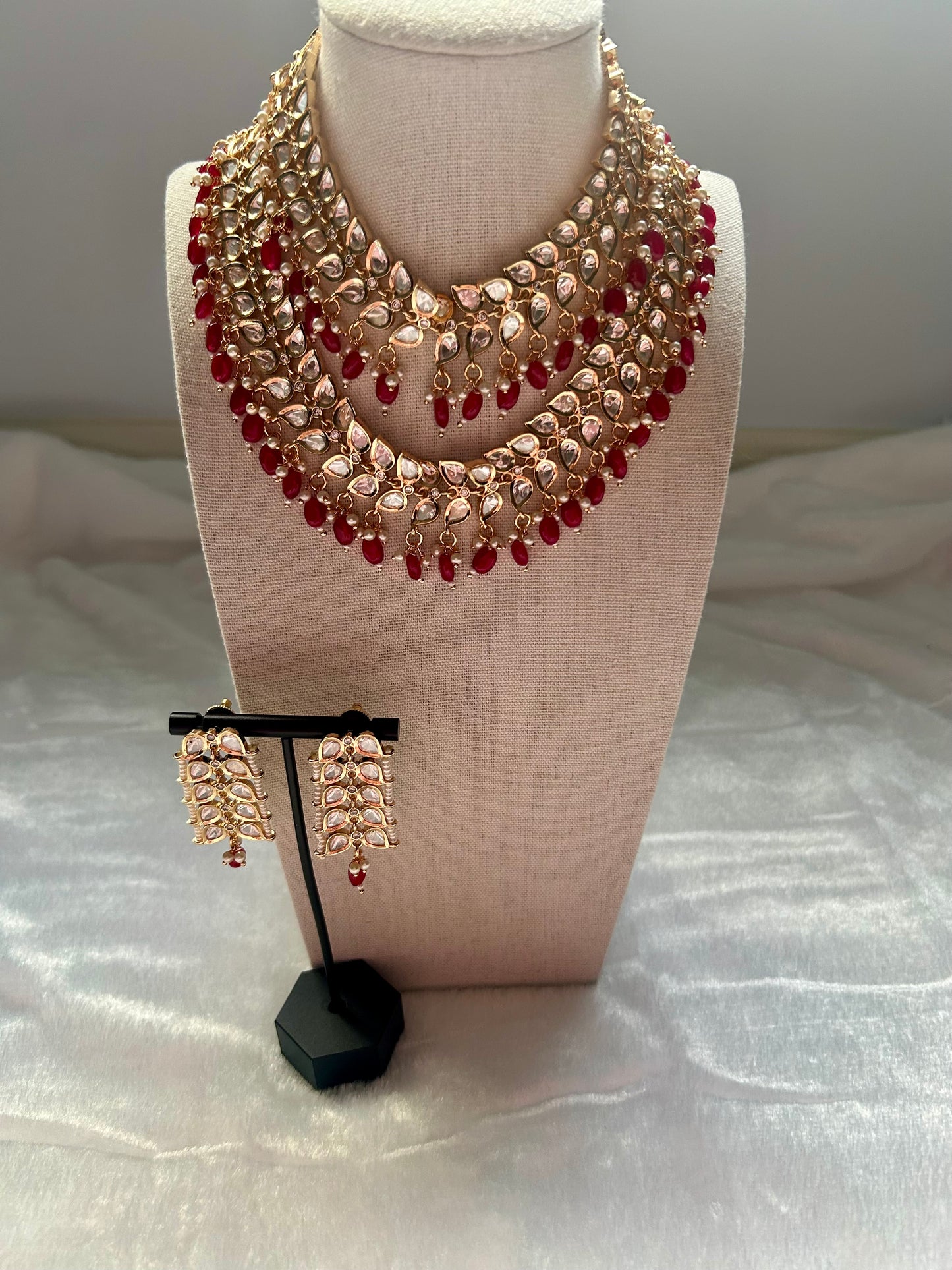 Hot Pink Tyaani Kundan Double Layer Necklace Set