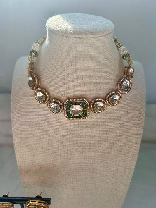 Emerald Green Moissanite Kundan Choker Set