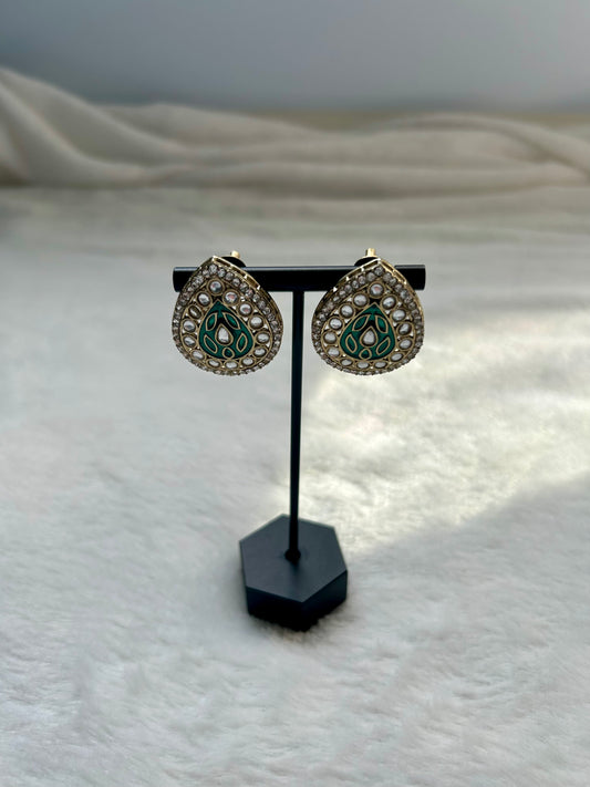 Emerald Green Meenakari Kundan Studs