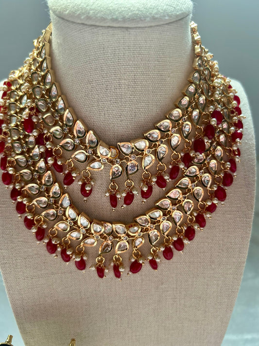 Hot Pink Tyaani Kundan Double Layer Necklace Set