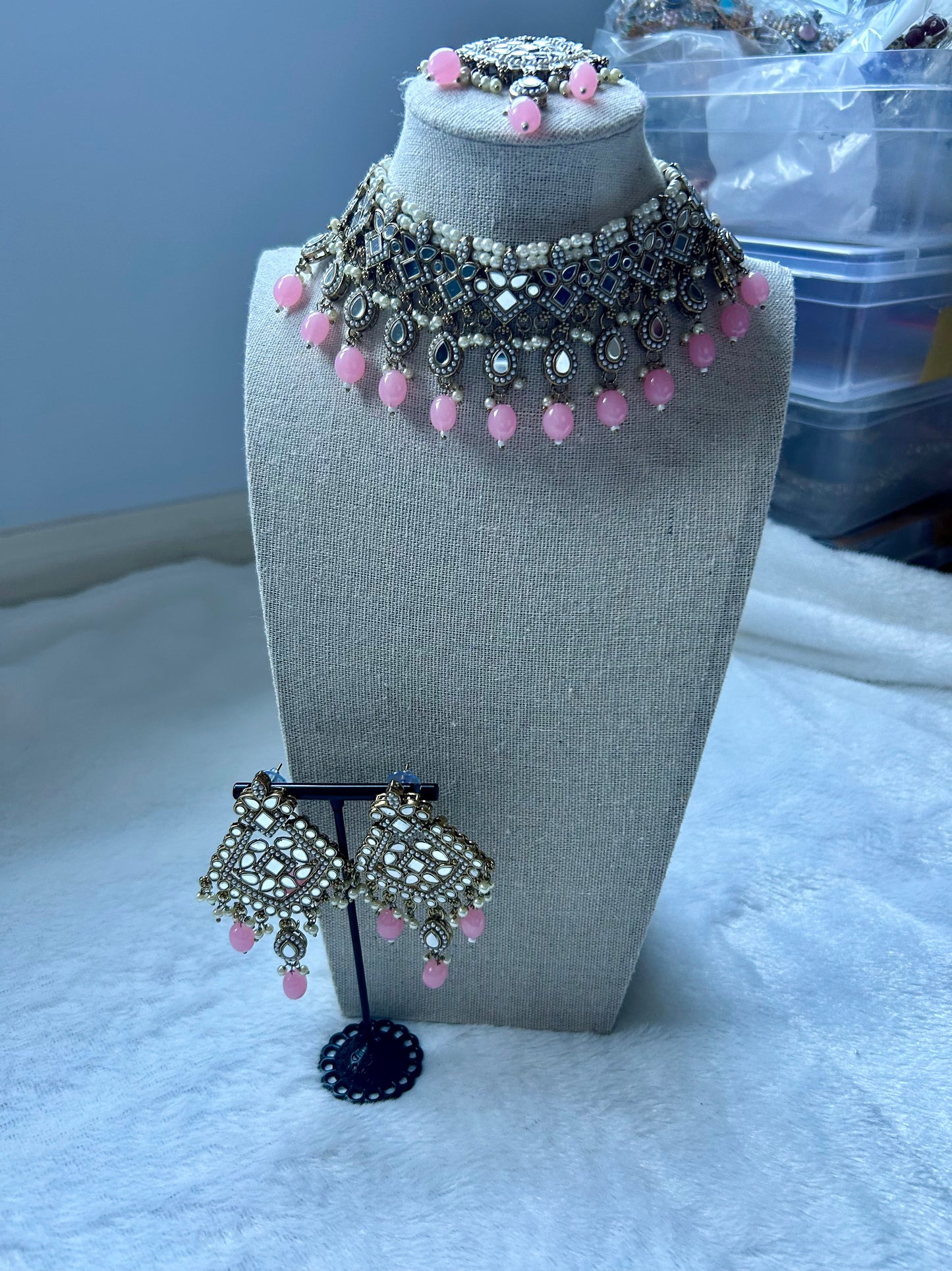 Pink Mirror Choker Tikka Set