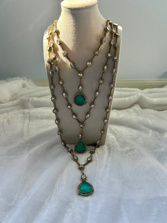 3 Layered Sea Green Doublet & Moissanite Necklace Set