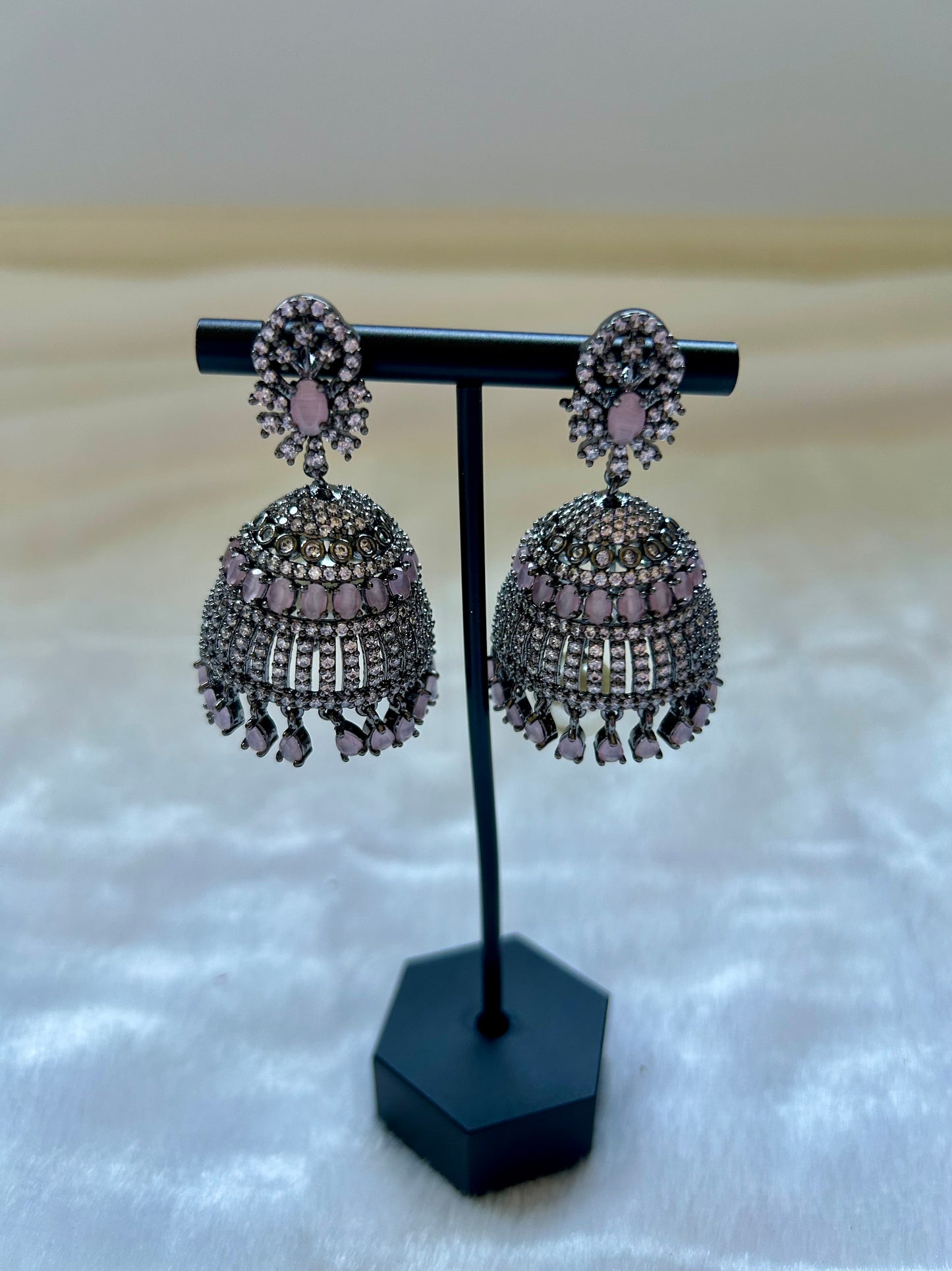AD Oxidized Pink Jhumka Earrings